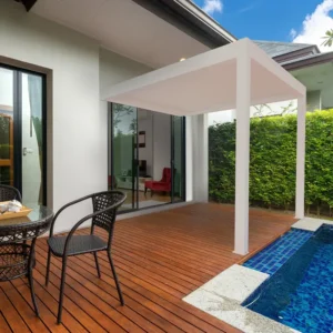 Pergola bioclimatique adossée TIERAL Osaka aluminium blanc, 9 m²