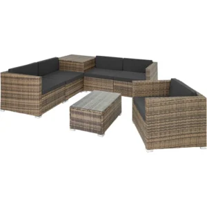 TECTAKE - Canapé de jardin Lounge en rotin Pour 5 personnes avec Plateau amovible en verre de sécurité