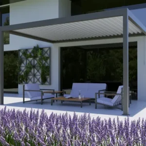 Pergola bioclimatique adossée TIERAL Caleta aluminium gris taupe, 12 m²
