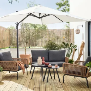 Salon de jardin TANGO, acier imitation rotin naturel gris anthracite 4 personnes