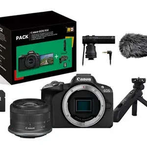 Appareil photo hybride Canon Pack EOS R50 + RF-S 18-45mm f/4.5-6.3 IS STM + Micro + Trépied + Télécommande + carte SD + Chargeur
