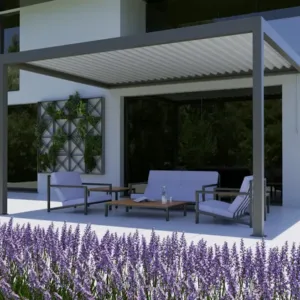 Pergola bioclimatique adossée TIERAL Caleta aluminium gris taupe, 12 m²