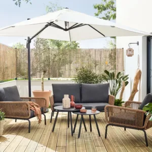Salon de jardin TANGO, acier imitation rotin naturel gris anthracite 4 personnes